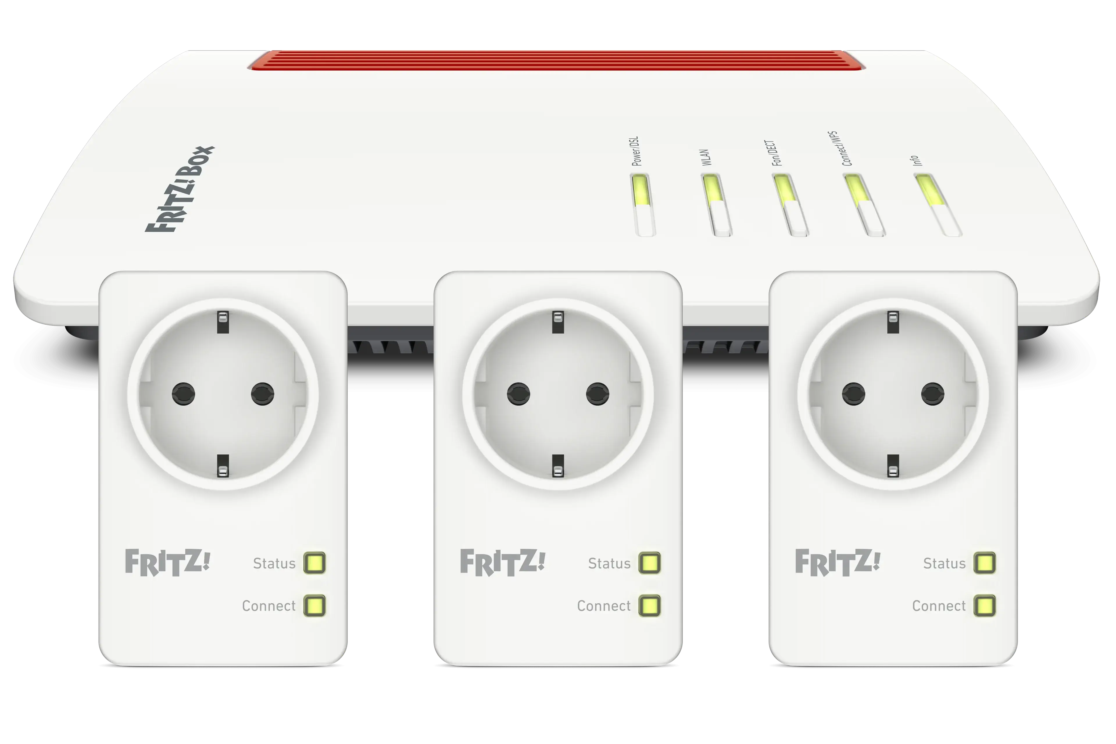 FRITZ!Box Router mit drei FRITZ! Steckdosen, bereit zur Vernetzung und Smart-Home-Steuerung.