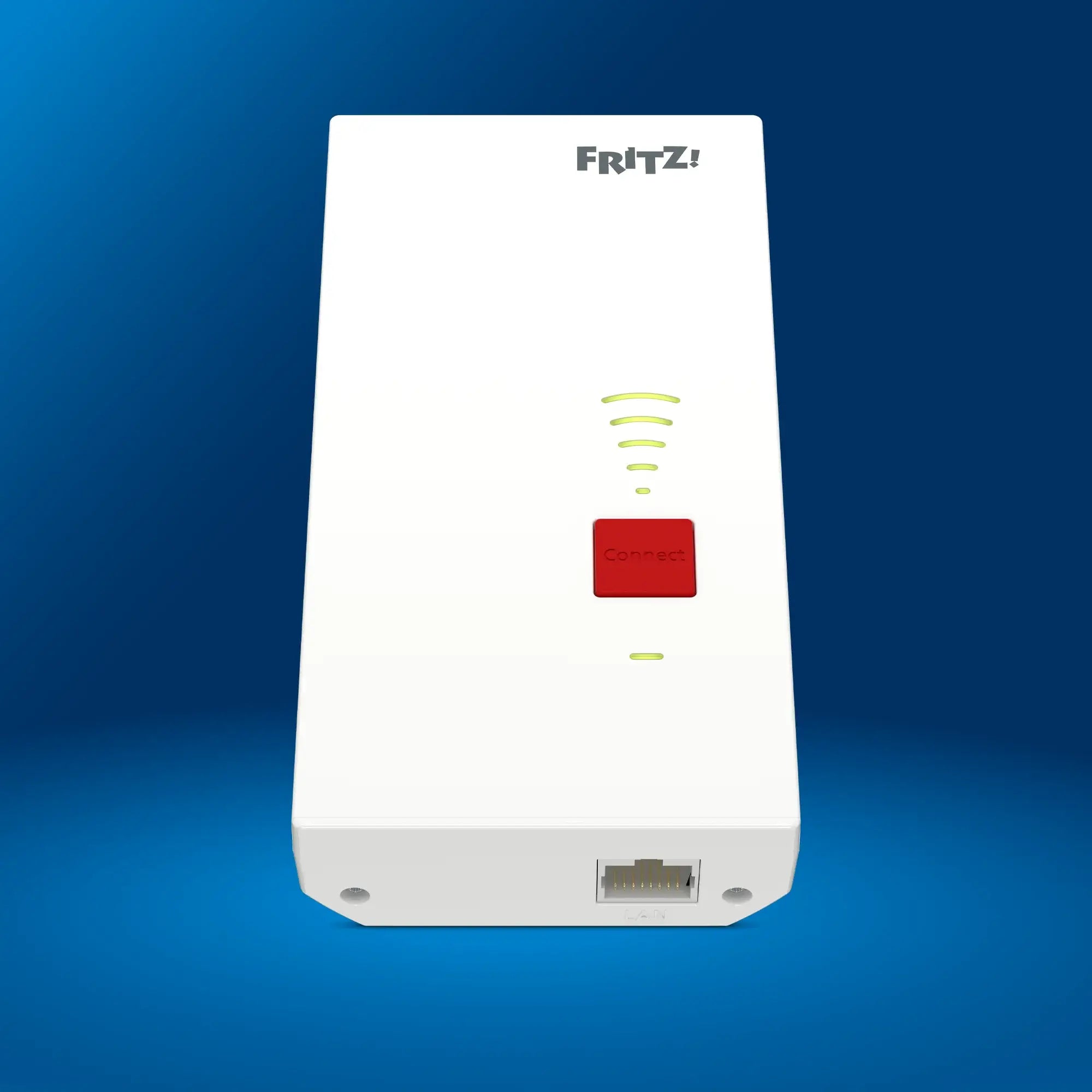 FRITZ!Repeater 2700 auf blauem Hintergrund mit WLAN-Signal-LED und Connect-Taste