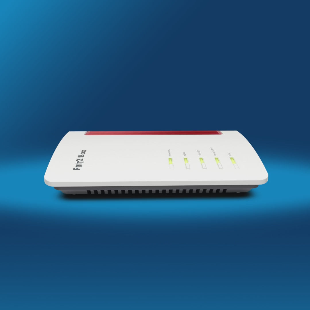 FRITZ!Box 7530 AX – WLAN Router mit Wi-Fi 6, Telefonie-Funktionen und Smart Home, auf blauem Hintergrund.
