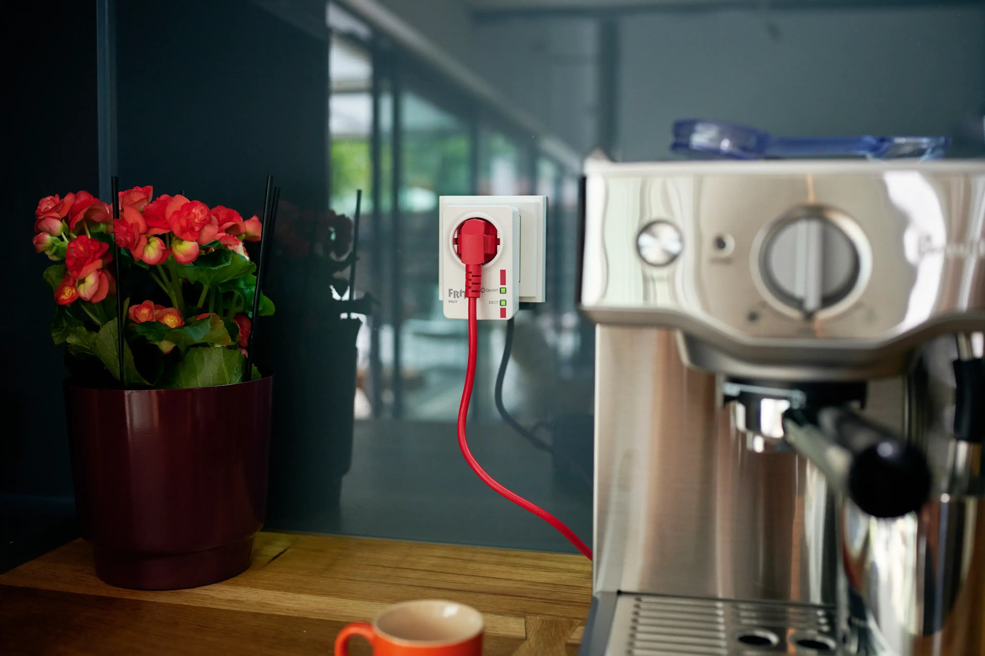 Küchenszene mit einer Espressomaschine, rotem Stecker und blühenden Pflanzen im Hintergrund.