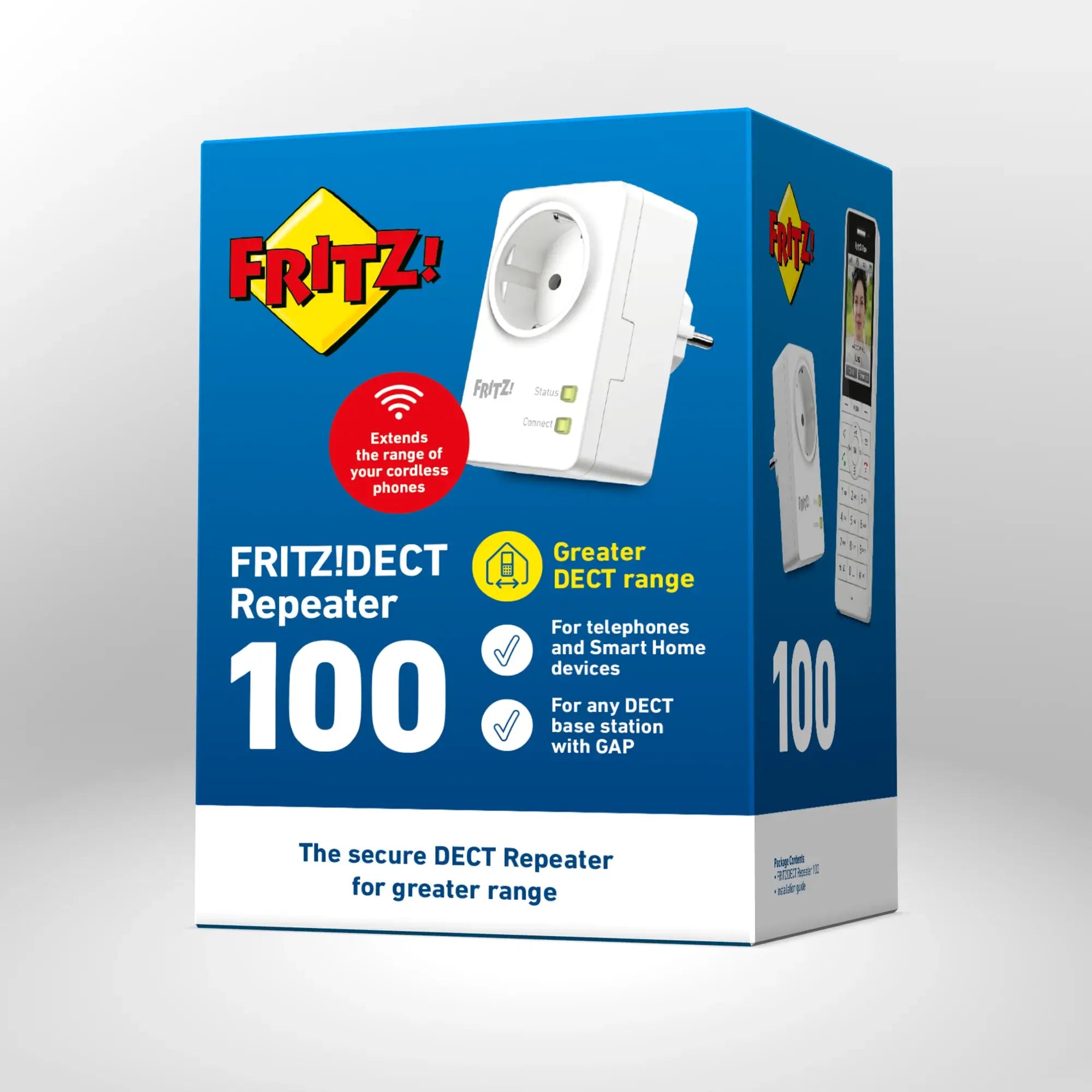 Verpackung von FRITZ!DECT Repeater 100 auf grauem Hintergrund