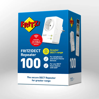 Verpackung von FRITZ!DECT Repeater 100 auf grauem Hintergrund