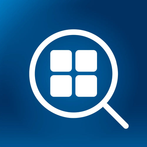 Symbol einer Lupe über einem quadratischen Raster in blauem Hintergrund.