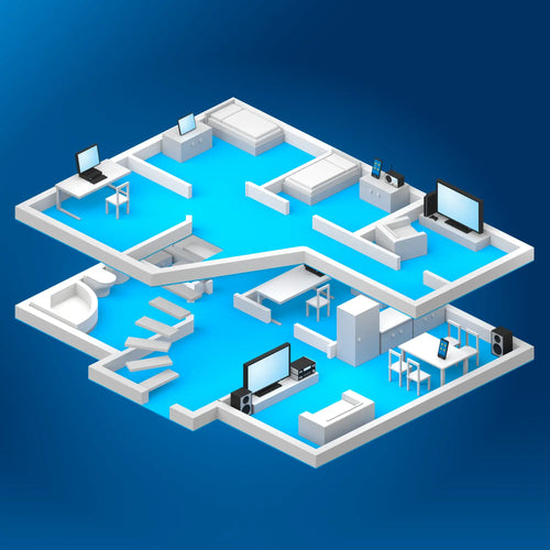 Moderne 3D-Visualisierung eines Hauses mit verschiedenen Räumen und Möbeln, ideal für Inneneinrichtungsideen.